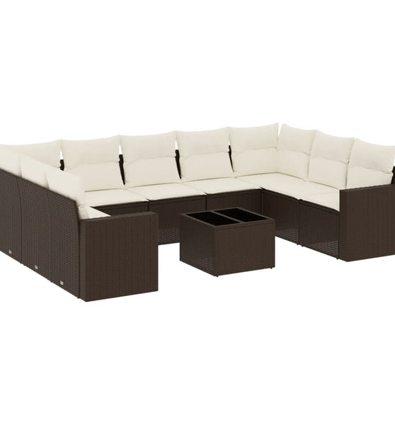 10-tlg. Garten-Sofagarnitur mit Kissen Braun Poly Rattan
