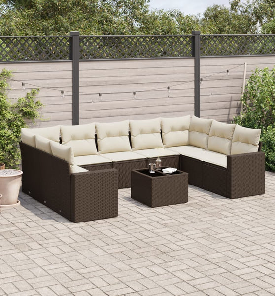 10-tlg. Garten-Sofagarnitur mit Kissen Braun Poly Rattan