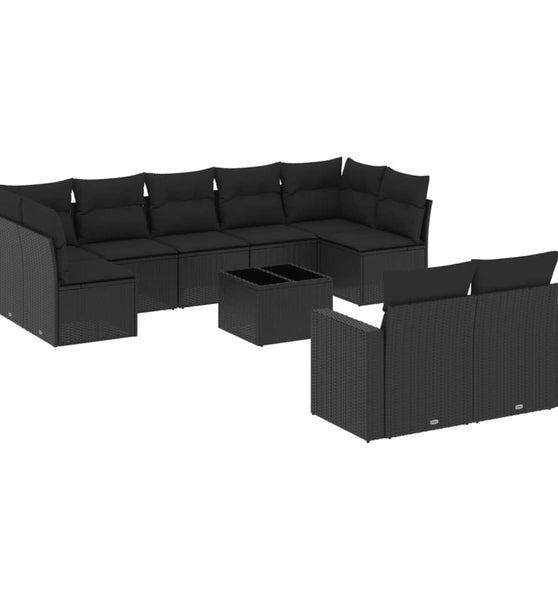 10-tlg. Garten-Sofagarnitur mit Kissen Schwarz Poly Rattan