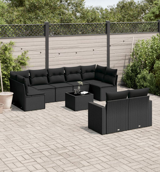10-tlg. Garten-Sofagarnitur mit Kissen Schwarz Poly Rattan