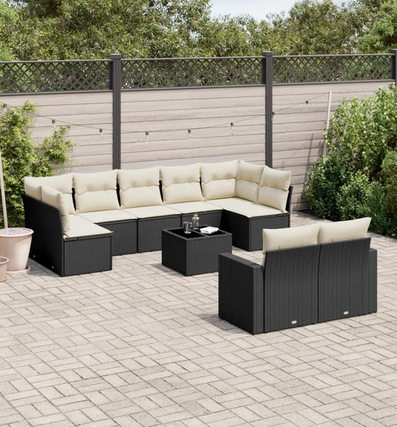10-tlg. Garten-Sofagarnitur mit Kissen Schwarz Poly Rattan