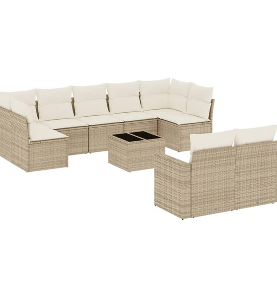 10-tlg. Garten-Sofagarnitur mit Kissen Beige Poly Rattan