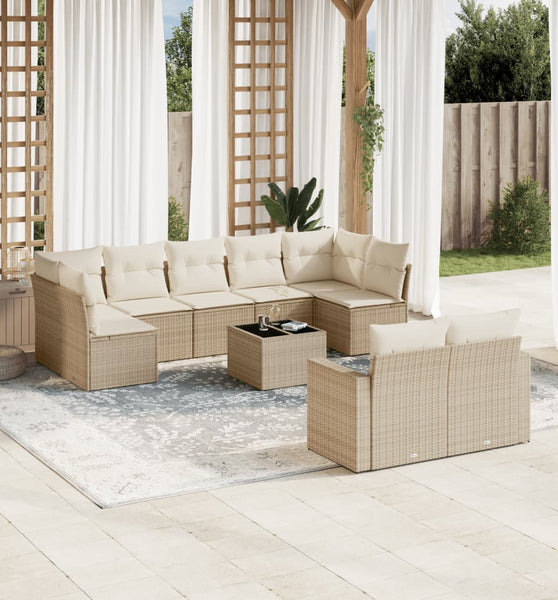 10-tlg. Garten-Sofagarnitur mit Kissen Beige Poly Rattan