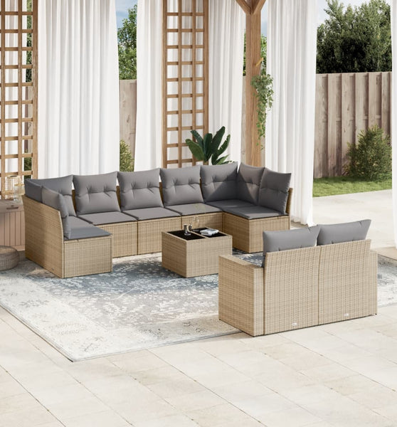 10-tlg. Garten-Sofagarnitur mit Kissen Beige Poly Rattan