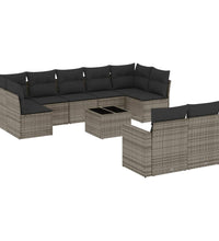 10-tlg. Garten-Sofagarnitur mit Kissen Grau Poly Rattan