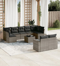 10-tlg. Garten-Sofagarnitur mit Kissen Grau Poly Rattan