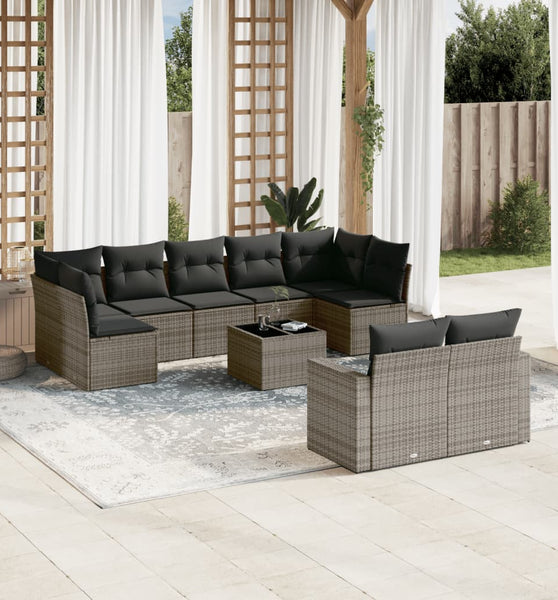 10-tlg. Garten-Sofagarnitur mit Kissen Grau Poly Rattan