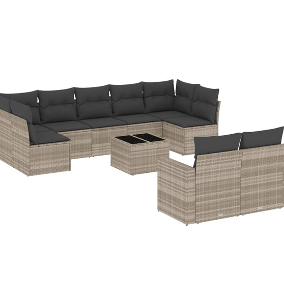 10-tlg. Garten-Sofagarnitur mit Kissen Hellgrau Poly Rattan