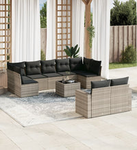 10-tlg. Garten-Sofagarnitur mit Kissen Hellgrau Poly Rattan