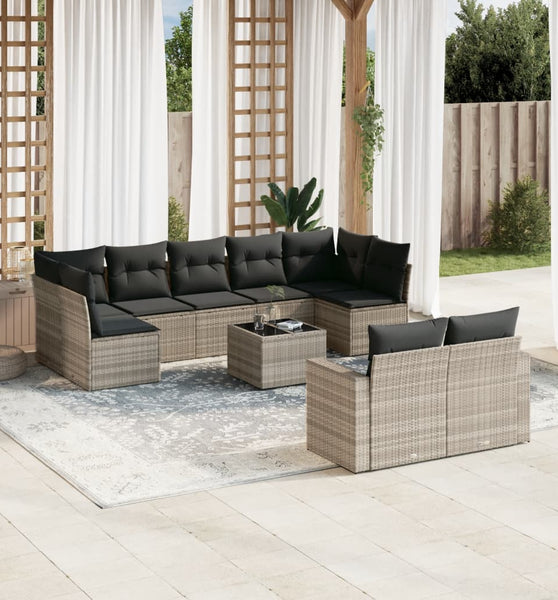 10-tlg. Garten-Sofagarnitur mit Kissen Hellgrau Poly Rattan