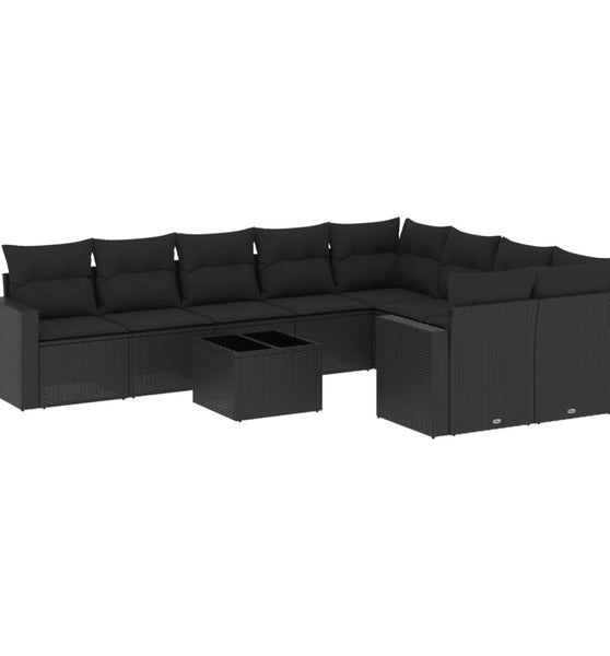10-tlg. Garten-Sofagarnitur mit Kissen Schwarz Poly Rattan