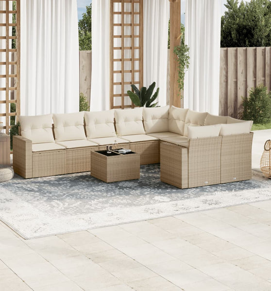 10-tlg. Garten-Sofagarnitur mit Kissen Beige Poly Rattan