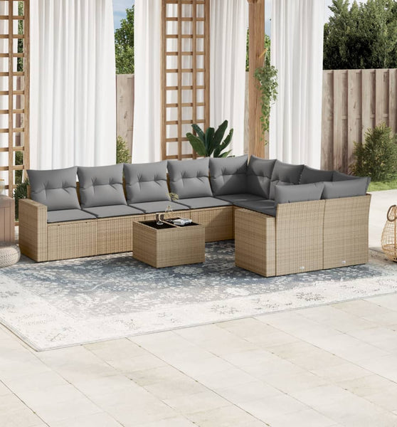 10-tlg. Garten-Sofagarnitur mit Kissen Beige Poly Rattan