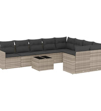 10-tlg. Garten-Sofagarnitur mit Kissen Hellgrau Poly Rattan