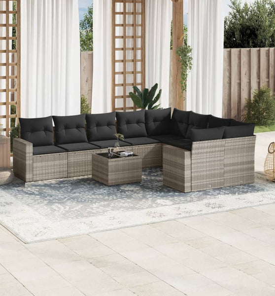 10-tlg. Garten-Sofagarnitur mit Kissen Hellgrau Poly Rattan