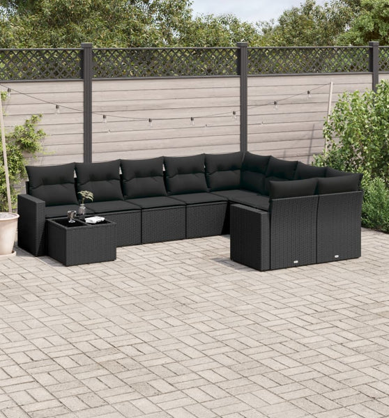10-tlg. Garten-Sofagarnitur mit Kissen Schwarz Poly Rattan