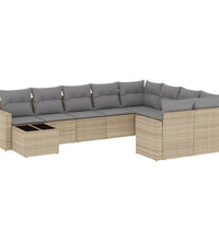 10-tlg. Garten-Sofagarnitur mit Kissen Beige Poly Rattan