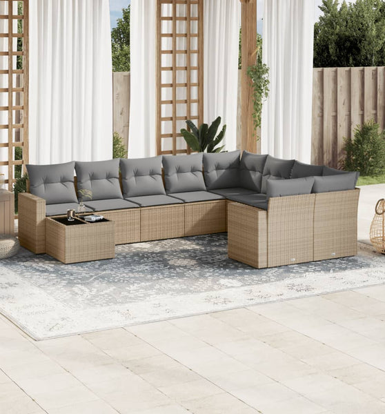 10-tlg. Garten-Sofagarnitur mit Kissen Beige Poly Rattan