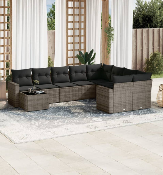 10-tlg. Garten-Sofagarnitur mit Kissen Grau Poly Rattan