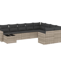 10-tlg. Garten-Sofagarnitur mit Kissen Hellgrau Poly Rattan