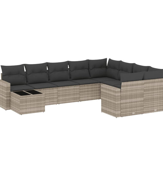 10-tlg. Garten-Sofagarnitur mit Kissen Hellgrau Poly Rattan