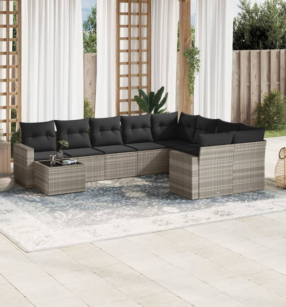 10-tlg. Garten-Sofagarnitur mit Kissen Hellgrau Poly Rattan