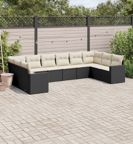 10-tlg. Garten-Sofagarnitur mit Kissen Schwarz Poly Rattan