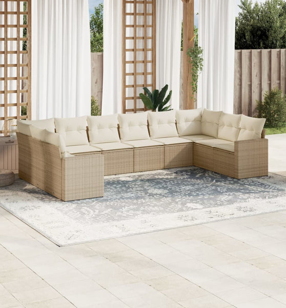 10-tlg. Garten-Sofagarnitur mit Kissen Beige Poly Rattan