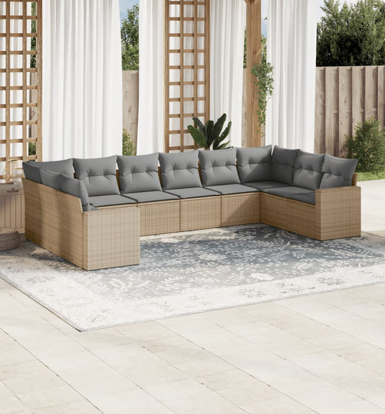 10-tlg. Garten-Sofagarnitur mit Kissen Beige Poly Rattan