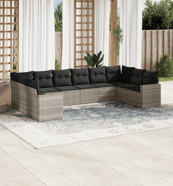 10-tlg. Garten-Sofagarnitur mit Kissen Hellgrau Poly Rattan