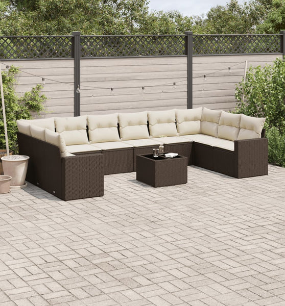 11-tlg. Garten-Sofagarnitur mit Kissen Braun Poly Rattan