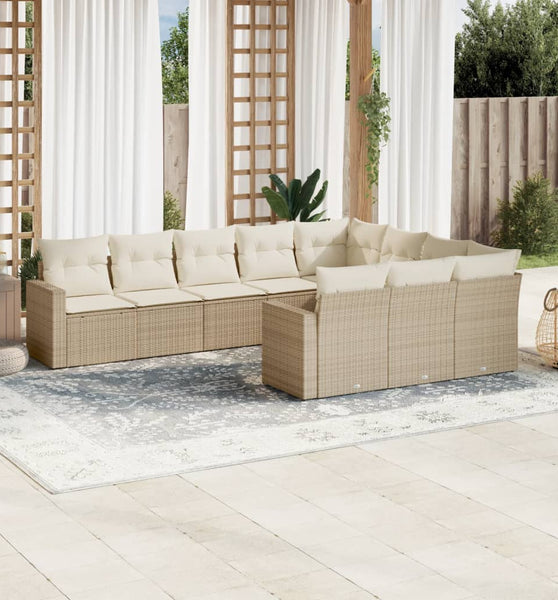 10-tlg. Garten-Sofagarnitur mit Kissen Beige Poly Rattan