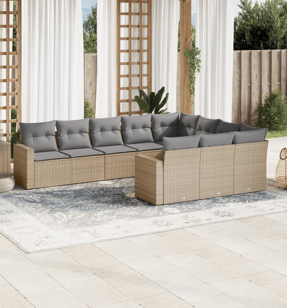 10-tlg. Garten-Sofagarnitur mit Kissen Beige Poly Rattan