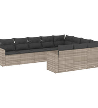 10-tlg. Garten-Sofagarnitur mit Kissen Hellgrau Poly Rattan