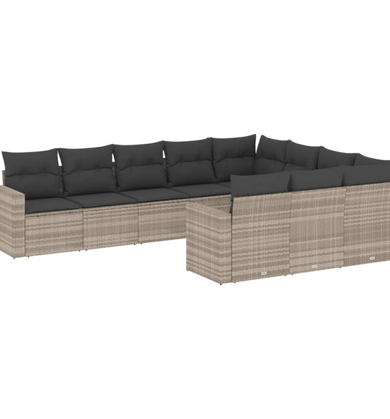 10-tlg. Garten-Sofagarnitur mit Kissen Hellgrau Poly Rattan