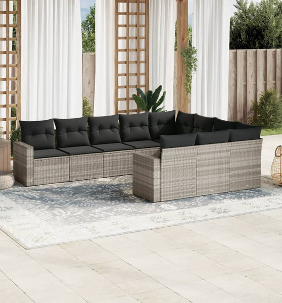 10-tlg. Garten-Sofagarnitur mit Kissen Hellgrau Poly Rattan