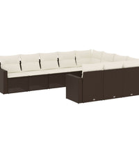 10-tlg. Garten-Sofagarnitur mit Kissen Braun Poly Rattan