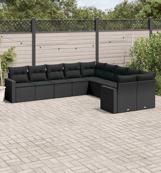 10-tlg. Garten-Sofagarnitur mit Kissen Schwarz Poly Rattan