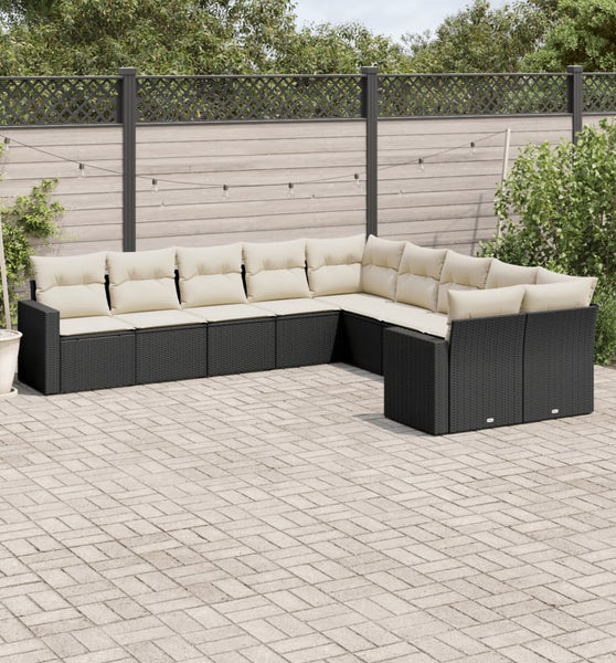 10-tlg. Garten-Sofagarnitur mit Kissen Schwarz Poly Rattan