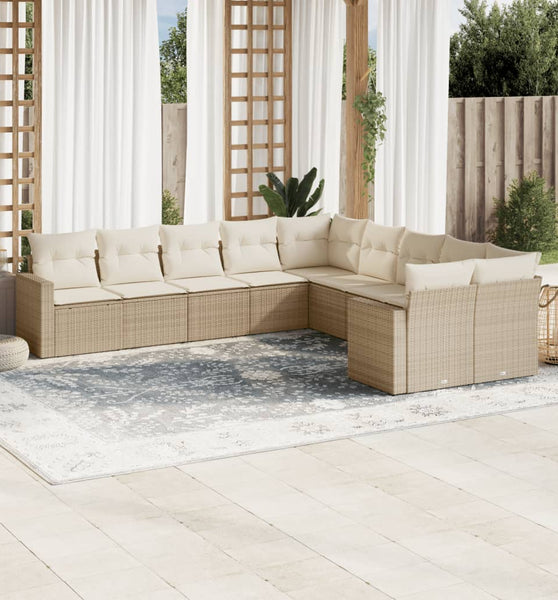 10-tlg. Garten-Sofagarnitur mit Kissen Beige Poly Rattan