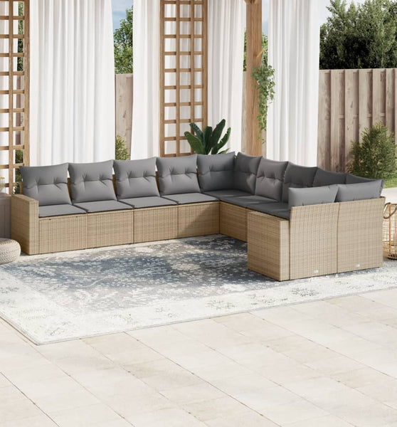 10-tlg. Garten-Sofagarnitur mit Kissen Beige Poly Rattan