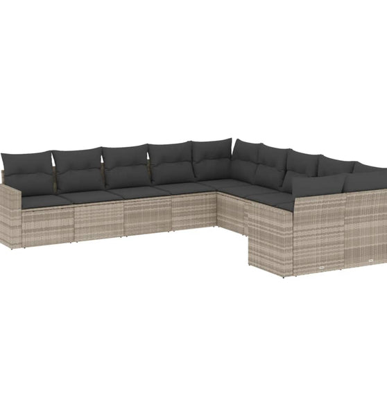 10-tlg. Garten-Sofagarnitur mit Kissen Hellgrau Poly Rattan