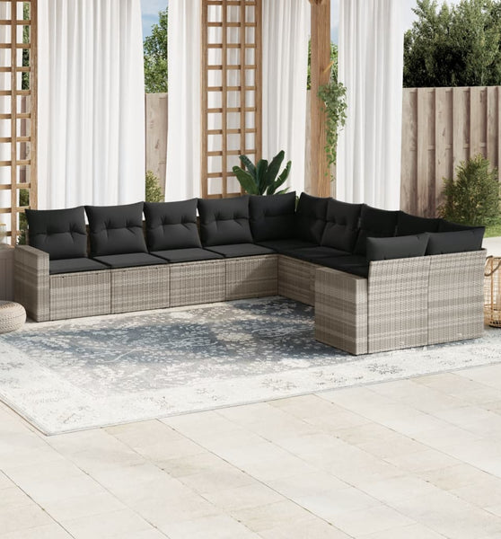 10-tlg. Garten-Sofagarnitur mit Kissen Hellgrau Poly Rattan