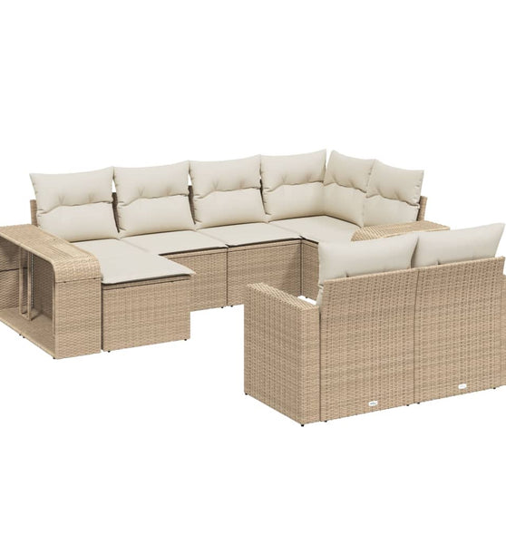 10-tlg. Garten-Sofagarnitur mit Kissen Beige Poly Rattan
