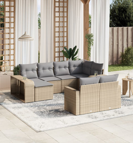 10-tlg. Garten-Sofagarnitur mit Kissen Beige Poly Rattan