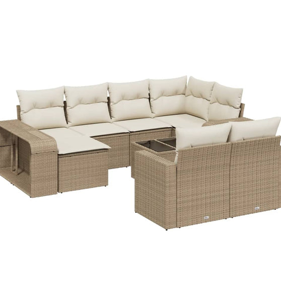 11-tlg. Garten-Sofagarnitur mit Kissen Beige Poly Rattan