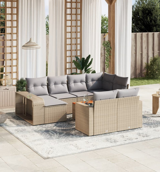 11-tlg. Garten-Sofagarnitur mit Kissen Beige Poly Rattan