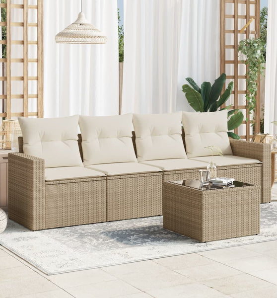 5-tlg. Garten-Sofagarnitur mit Kissen Beige Poly Rattan