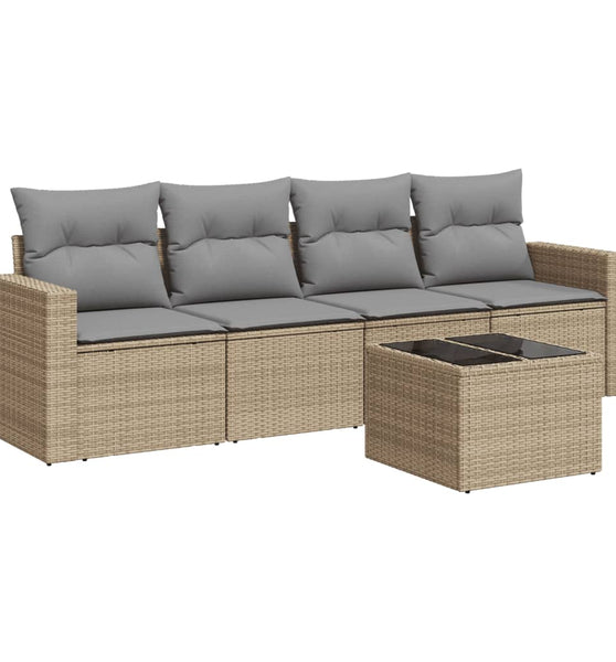 5-tlg. Garten-Sofagarnitur mit Kissen Beige Poly Rattan