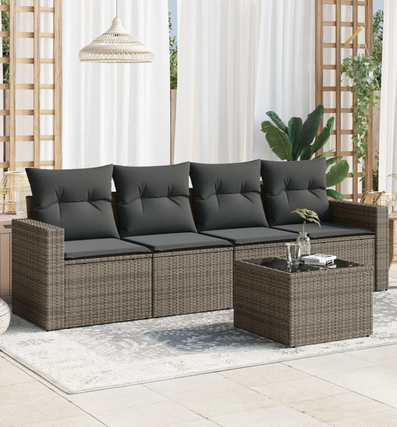 5-tlg. Garten-Sofagarnitur mit Kissen Grau Poly Rattan
